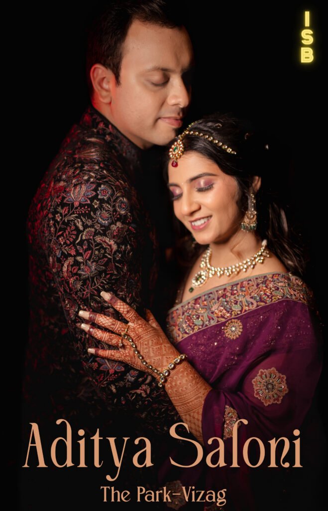 Couple in traditional attire embracing lovingly, with text ‘Aditya Saloni, The Park-Vizag’ in the background
