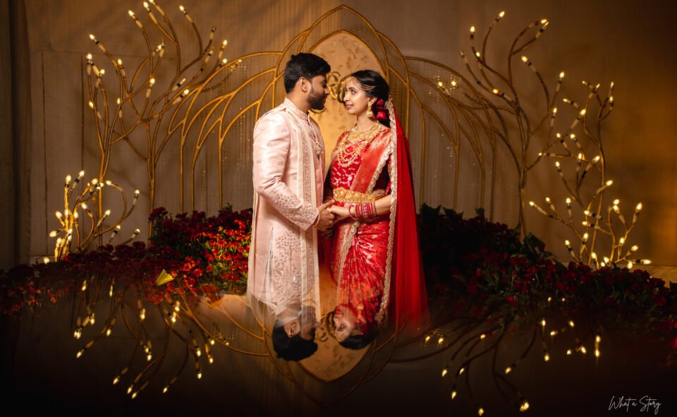 Bride and groom portrait at ITC Kohenur wedding venue with fairy light decor