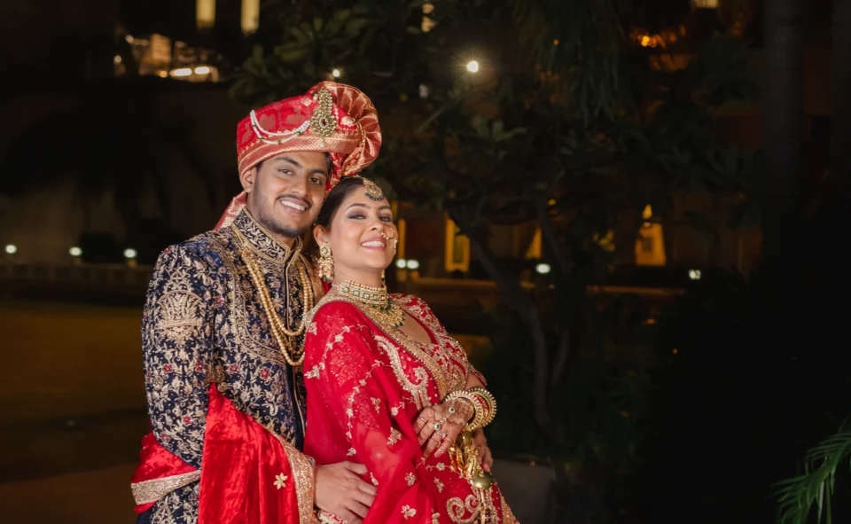 Bride and groom evening portrait at Taj Banjara Hyderabad wedding venue