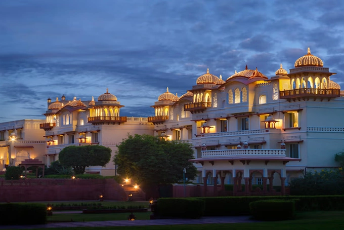 Jai Mahal Palace Jaipur wedding venue with Mughal-style gardens at dusk