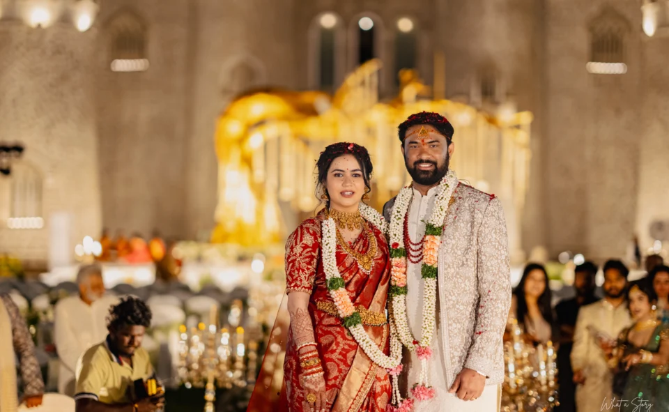Bride and groom couple portrait at The Fort Grand wedding venue in Hyderabad