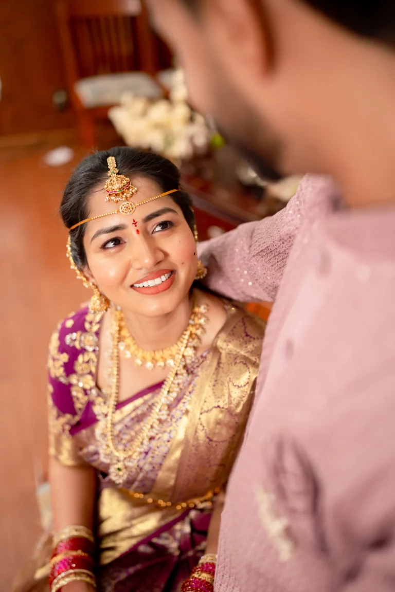 Bride seeing into groom's eyes emotionally.